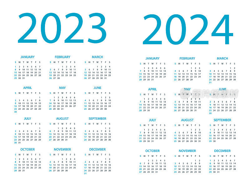 日历2023 2024 -简单布局插图。一周从周日开始。日历设定为2022年2023年2024年